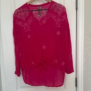 Johnny Was Pink Embroidered Boho Blouse Lace Detail Long Sleeve Size M